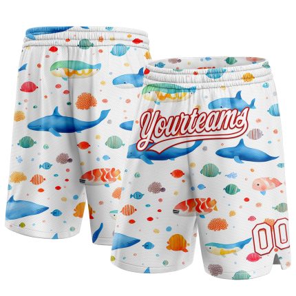 Custom 3D Pattern Whale Fish Basketball Shorts with Name Number - Personalized White Red Team Apparel Personalized White