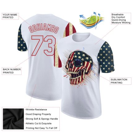 Custom American Flag 3D Skull T-Shirt for Team, Personalized with Name and Number - White Red Performance Apparel Personalized