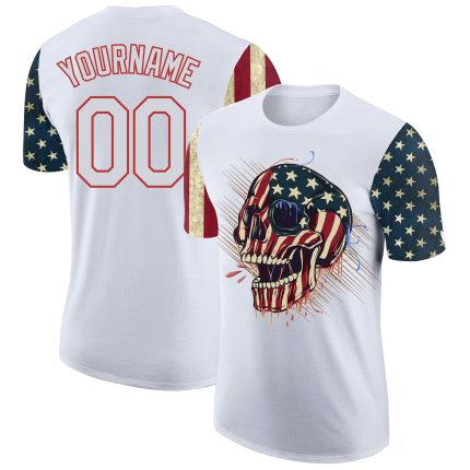 Custom American Flag 3D Skull T-Shirt for Team, Personalized with Name and Number - White Red Performance Apparel Personalized