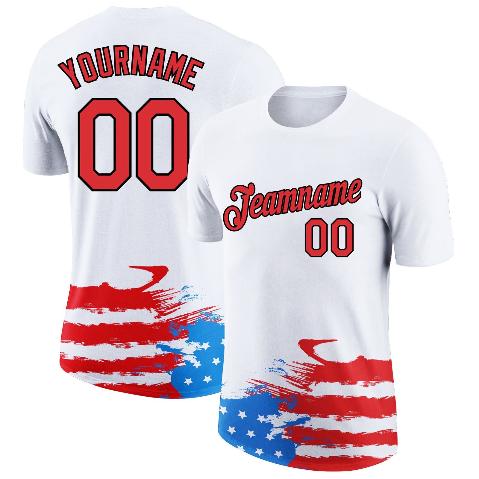 Personalized Patriotic 3D American Flag T-Shirt with Custom Name & Number - White Red-Black Performance Tee Personalized