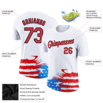 Personalized Patriotic 3D American Flag T-Shirt with Custom Name & Number - White Red-Black Performance Tee Personalized
