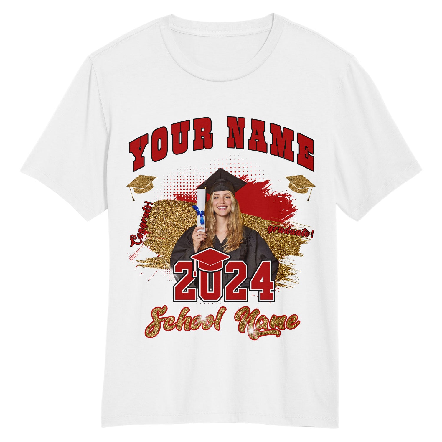 Custom Graduation T-Shirt with Personalized Name & Number - 3D White Red-Black Design Personalized White Red-Black 3D Graduation
