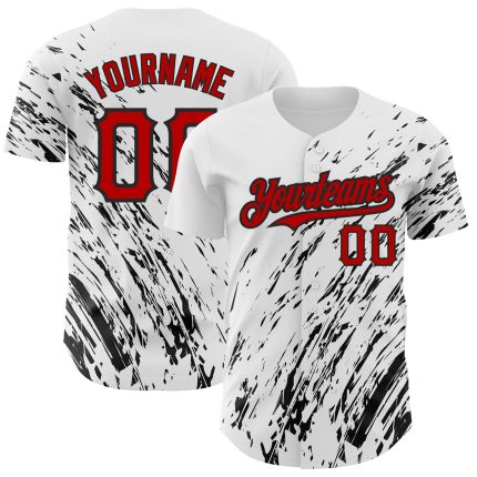 Custom 3D Pattern Baseball Jersey with Personalized Name & Number - White Red-Black Abstract Splash Design Personalized White