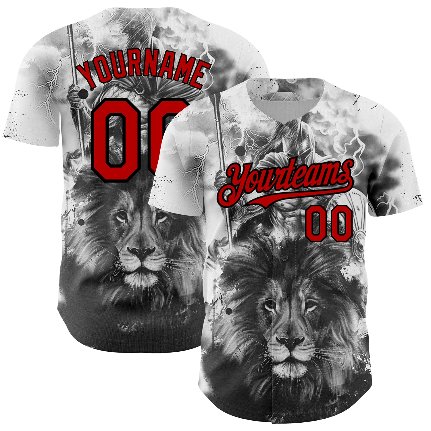 Personalized 3D Animal Lion Baseball Jersey | Custom Name & Number | White Red-Black Design Personalized White Red-Black