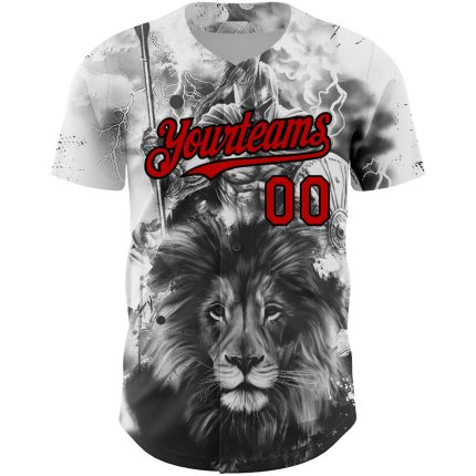 Personalized 3D Animal Lion Baseball Jersey | Custom Name & Number | White Red-Black Design Personalized White Red-Black