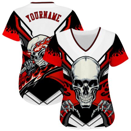 Custom 3D Skull Baseball Jersey - Personalized Red Black Team Jersey with Name and Number Personalized White Red-Black 3D