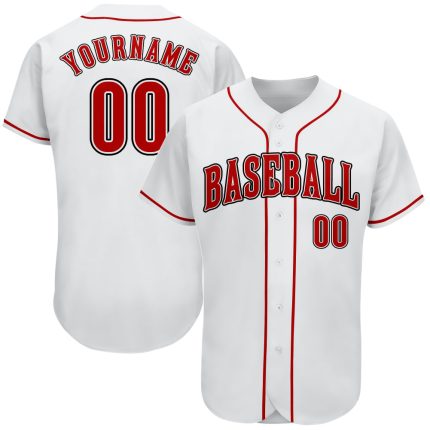 Personalized Authentic Baseball Jersey in White with Red and Black Trim Personalized White Red-Black Authentic Baseball Jersey