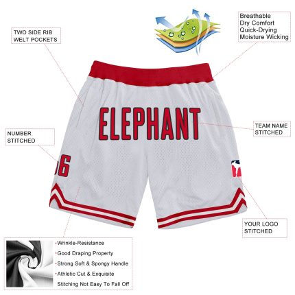 Personalized Authentic Throwback Basketball Shorts - White Red Black Design Personalized White Red-Black Authentic Throwback