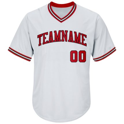 Personalized Authentic Baseball Jersey Shirt in White Red-Black Rib-Knit Style Personalized White Red-Black Authentic Throwback