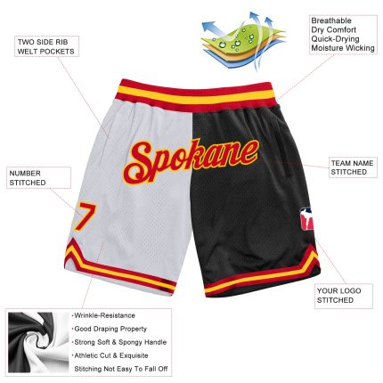 Personalized Authentic Basketball Shorts - White Red Black Throwback Split Style Personalized White Red-Black Authentic Throwback