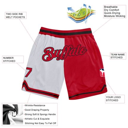 Custom Authentic Basketball Shorts with Team Name & Number - Personalized Red-Black Throwback Fashion Personalized White