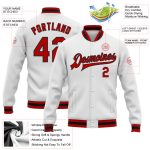 Custom Varsity Letterman Jacket with Personalized Name and Number - White Red-Black Bomber Full-Snap Style Personalized White