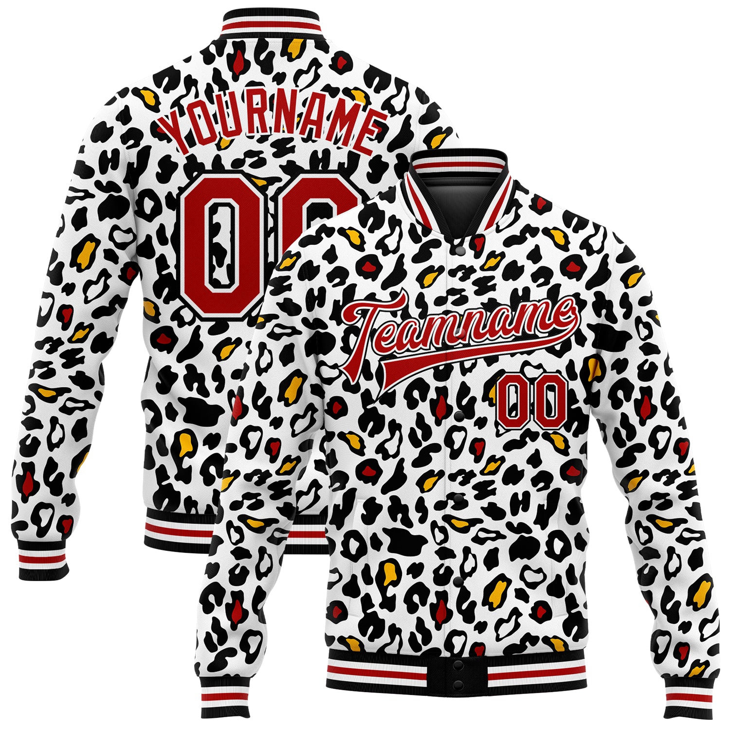 Custom Leopard Print 3D Varsity Jacket with Name & Number - White Red-Black Bomber Full-Snap Design Personalized White Red-Black