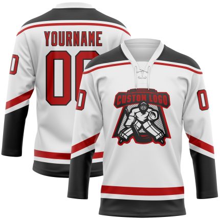 Custom Name and Number Personalized Hockey Jersey - White Red-Black Lace Neck Design Personalized White Red-Black Hockey