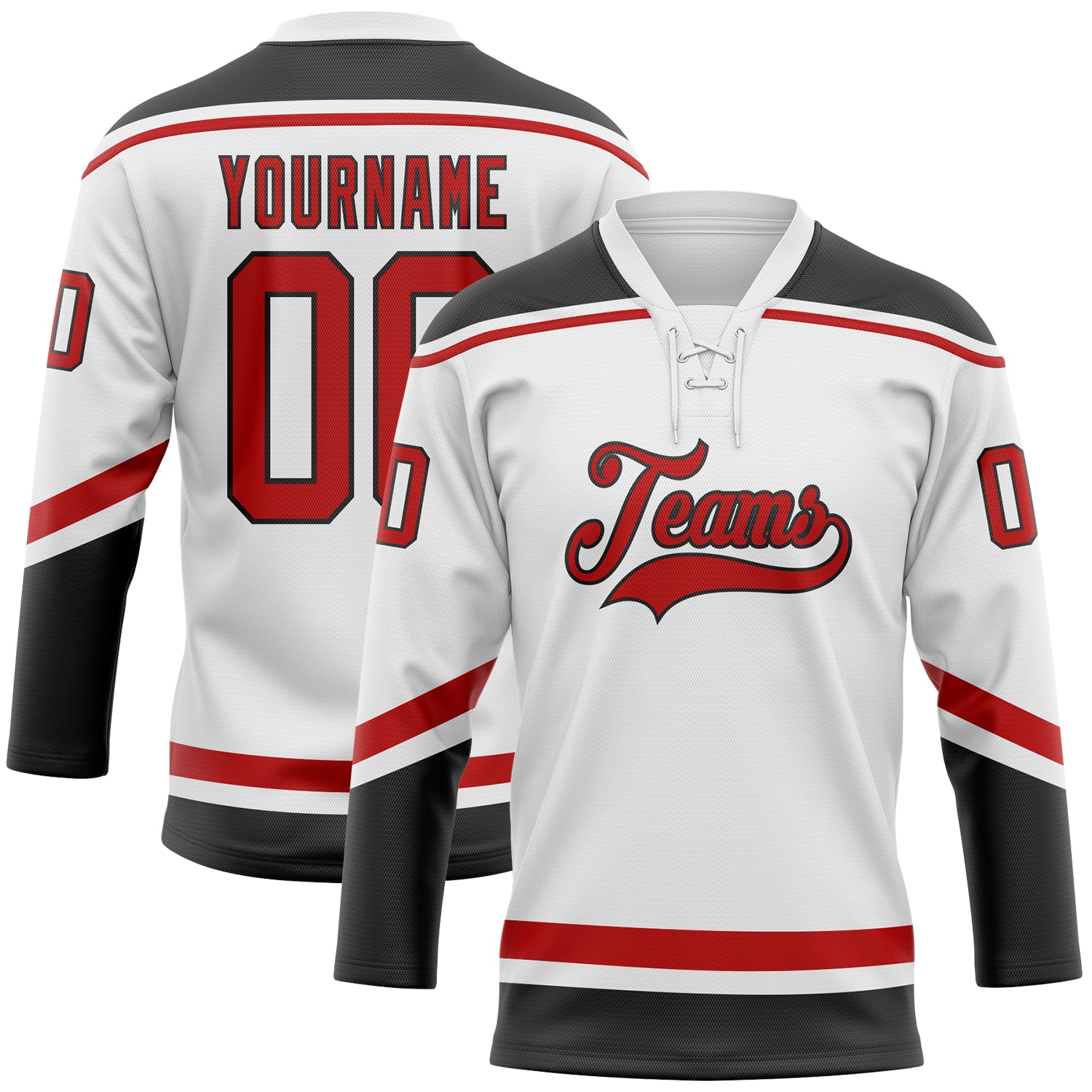 Custom Name and Number Personalized Hockey Jersey - White Red-Black Lace Neck Design Personalized White Red-Black Hockey