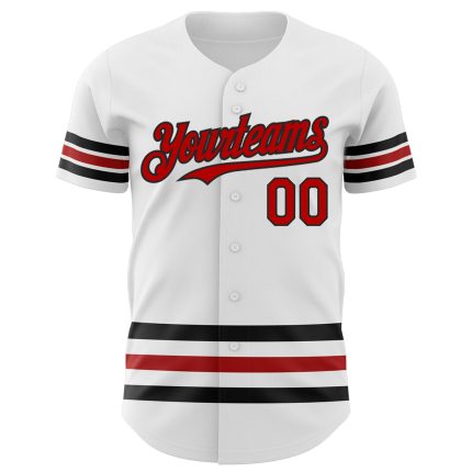 Custom Name and Number Authentic Baseball Jersey - Personalized White with Red-Black Lines Personalized White Red-Black Line