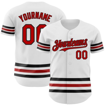 Custom Name and Number Authentic Baseball Jersey - Personalized White with Red-Black Lines Personalized White Red-Black Line