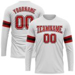 Custom Team Name Number Long Sleeve Performance T-Shirt in White Red-Black - Personalized Sports Apparel Personalized White