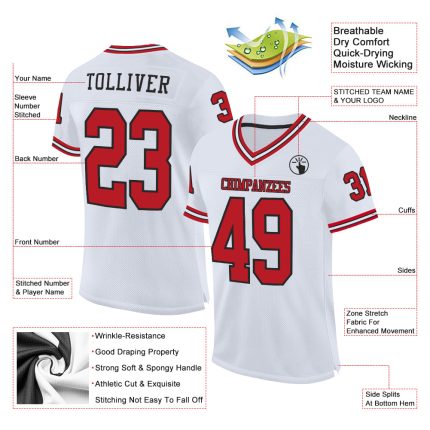 Personalized Authentic Football Jersey in White Red-Black Mesh Design Personalized White Red-Black Mesh Authentic Throwback