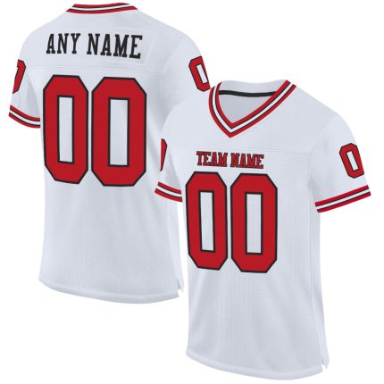Personalized Authentic Football Jersey in White Red-Black Mesh Design Personalized White Red-Black Mesh Authentic Throwback