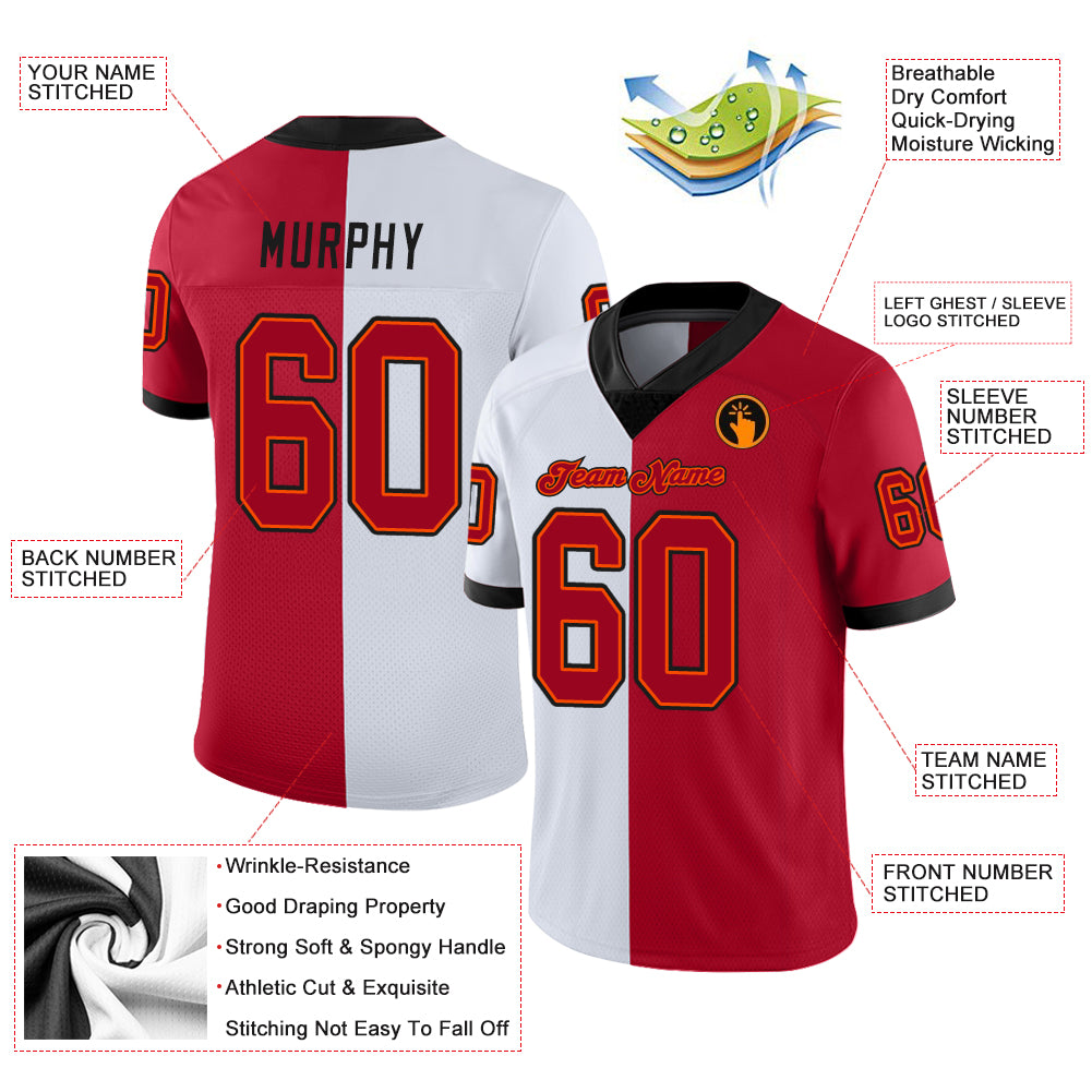 Personalized White Red-Black Mesh Split Fashion Football Jersey Team Custom Name and Number Customizable Team Football Jersey with Personalized Name & Number - White Red-Black Mesh Split Design Personalized White - Image 3