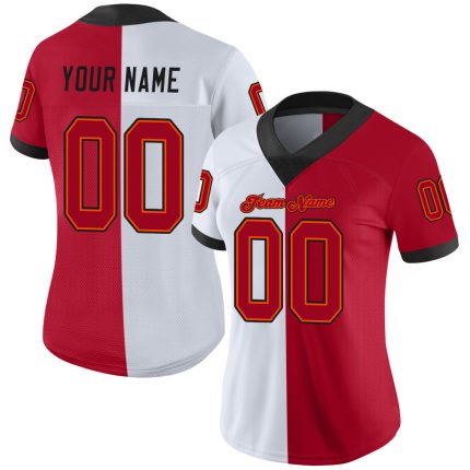 Customizable Team Football Jersey with Personalized Name & Number - White Red-Black Mesh Split Design Personalized White