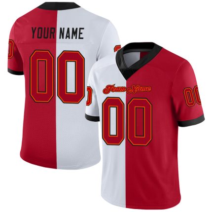Customizable Team Football Jersey with Personalized Name & Number - White Red-Black Mesh Split Design Personalized White
