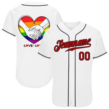 Custom LGBT Pride Month Rainbow Heart Baseball Jersey - Personalized White Red-Black Design with Name and Number Personalized
