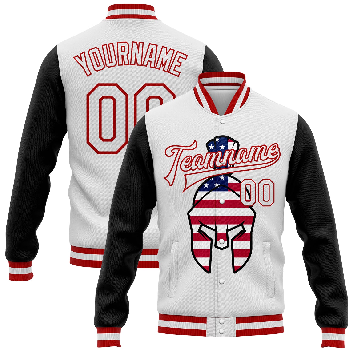 Custom Spartan Logo USA Flag 3D Pattern Bomber Jacket Two Tone Varsity Letterman with Personalized Name and Number Personalized