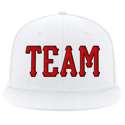 Custom Team Name Number Personalized Snapback Hat Adjustable Red-Black Stitched White Personalized White Red-Black Stitched