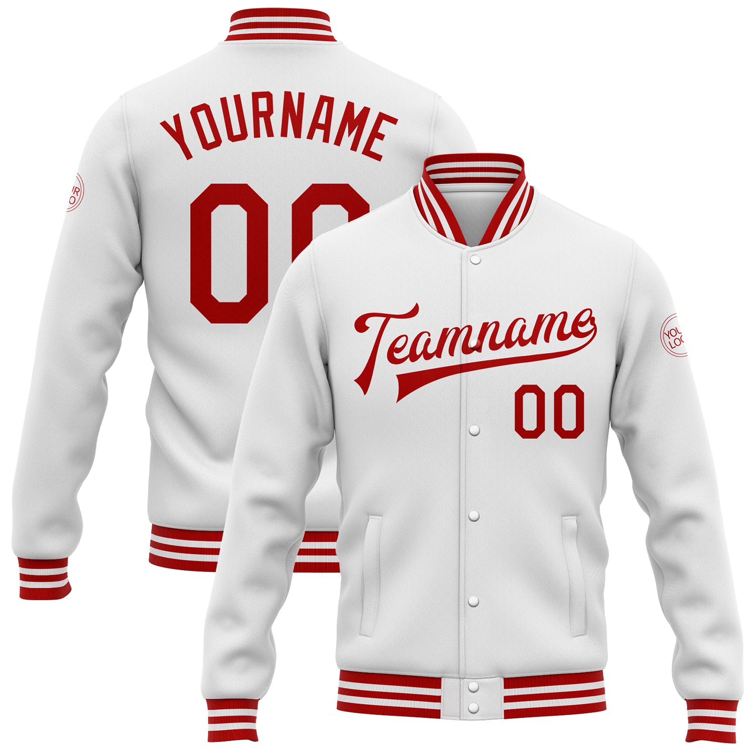 Custom Name and Number Varsity Letterman Jacket Red White Bomber Full-Snap for Team Personalized White Red Bomber Full-Snap