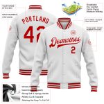 Custom Name and Number Varsity Letterman Jacket Red White Bomber Full-Snap for Team Personalized White Red Bomber Full-Snap