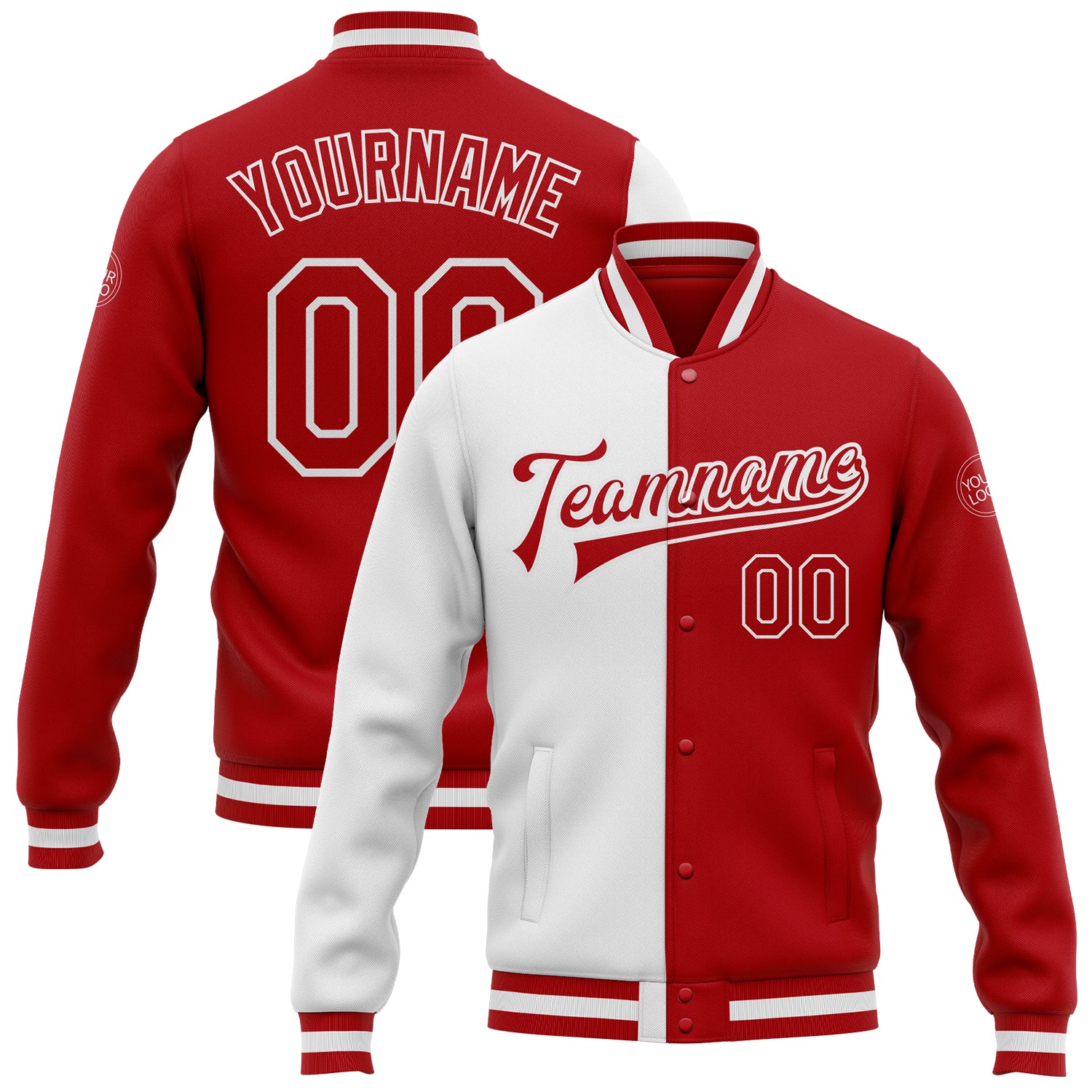 Custom Team Name Number Red White Bomber Varsity Letterman Full-Snap Jacket - Personalized Fashion Style Personalized White
