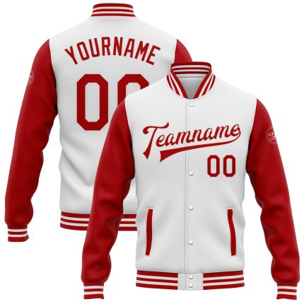 Customizable Varsity Letterman Jacket Red White Bomber Full-Snap, Personalized Name and Number, Team Spirit Wear Personalized