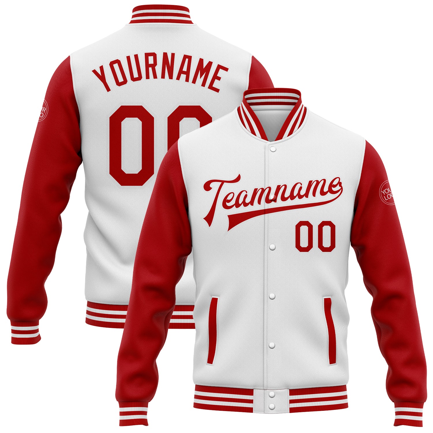 Customizable Varsity Letterman Jacket Red White Bomber Full-Snap, Personalized Name and Number, Team Spirit Wear Personalized