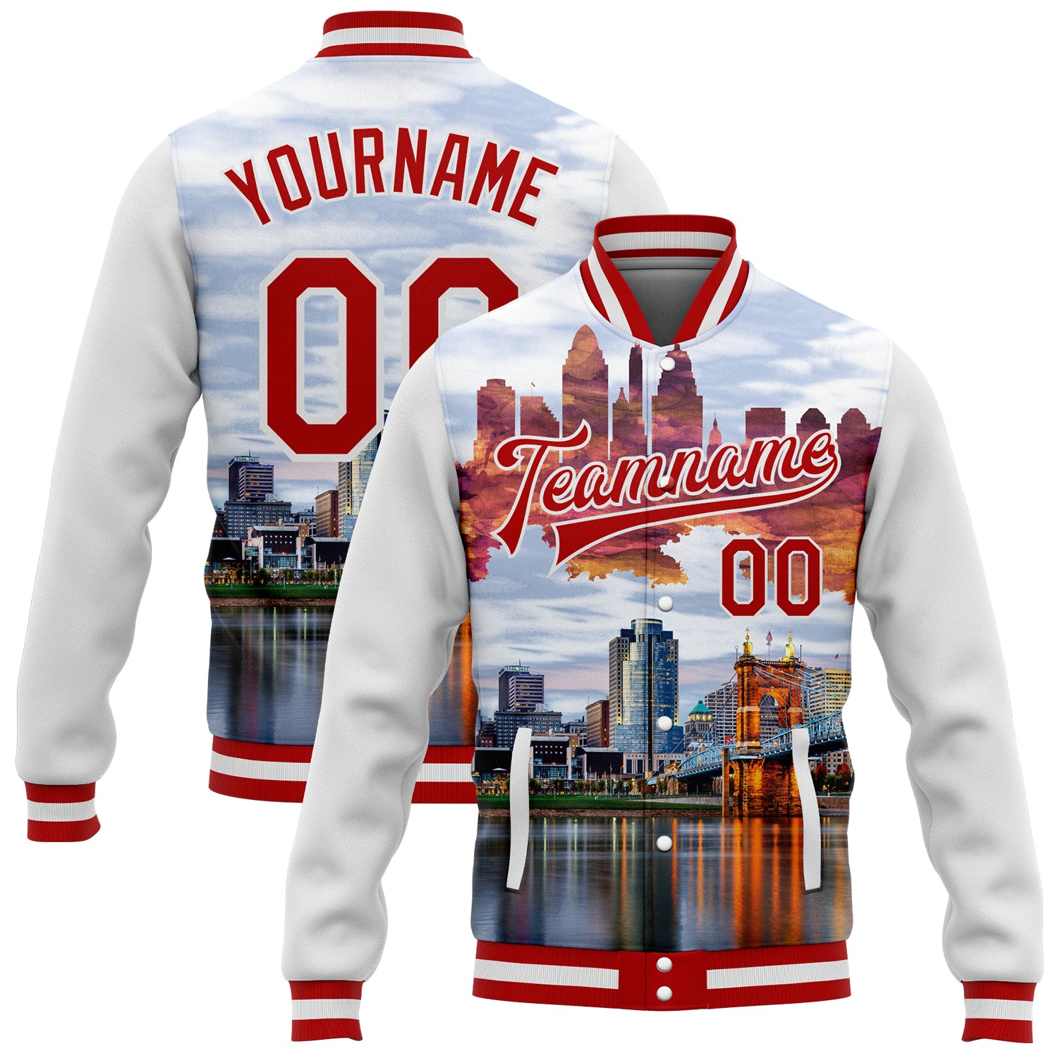 Custom Cincinnati Ohio City Edition Bomber Jacket with Name & Number, 3D Full-Snap Varsity Letterman Style in White & Red