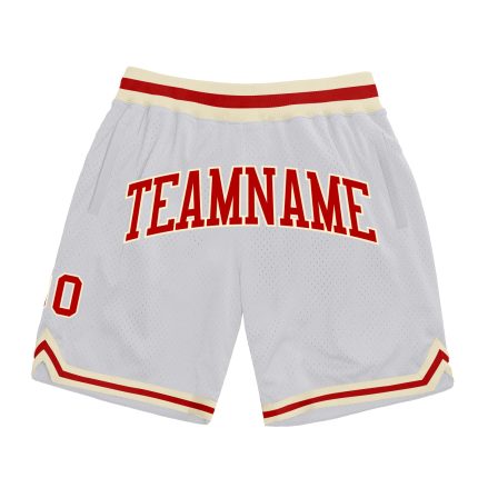 Custom Team Basketball Shorts with Personalized Name and Number - White Red-Cream Authentic Throwback Design Personalized