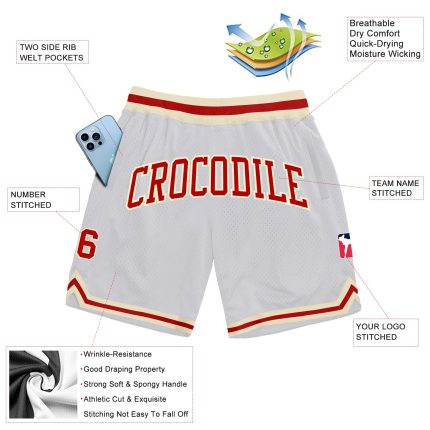 Custom Team Basketball Shorts with Personalized Name and Number - White Red-Cream Authentic Throwback Design Personalized