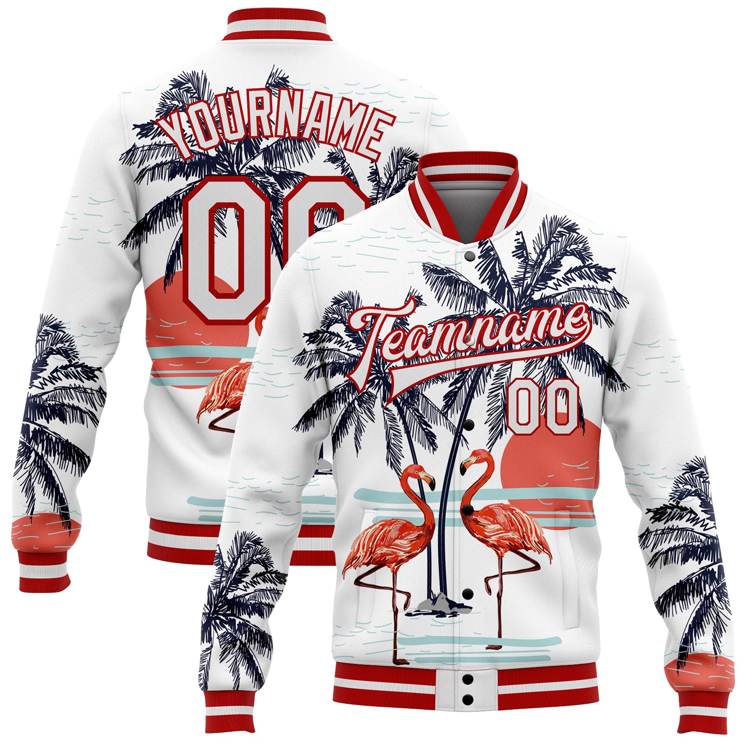 Custom Name and Number Flamingo Tropical 3D Pattern Varsity Bomber Jacket - Full-Snap Letterman Style Personalized White