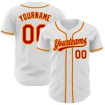 Personalized Authentic Baseball Jersey in White Red-Gold Color Design Personalized White Red-Gold Authentic Baseball Jersey