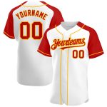 Custom Personalized Baseball Jersey with Name and Number - White Red-Gold Authentic Raglan Sleeves Team Apparel Personalized