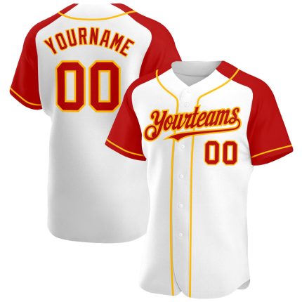 Custom Personalized Baseball Jersey with Name and Number - White Red-Gold Authentic Raglan Sleeves Team Apparel Personalized