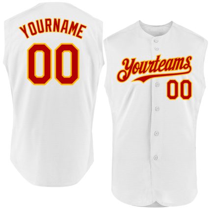 Personalized Authentic Baseball Jersey in White Red Gold - Sleeveless Design Personalized White Red-Gold Authentic Sleeveless