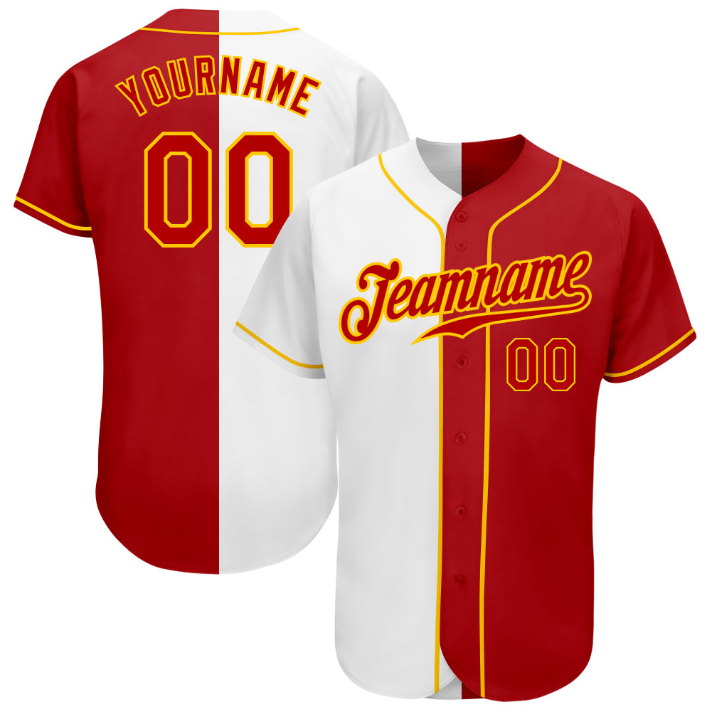 Custom Name Number Personalized Authentic Red-Gold White Baseball Jersey Split Fashion Team Personalized White Red-Gold Authentic