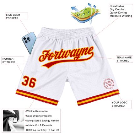 Personalized Red-Gold Throwback Basketball Shorts - Authentic Design in White Personalized White Red-Gold Authentic Throwback