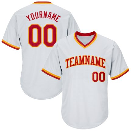 Custom Team Name Number Red-Gold Throwback Baseball Jersey Shirt Personalized Rib-Knit Design Personalized White Red-Gold