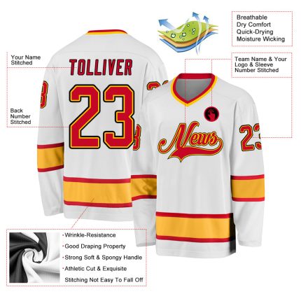 Custom Name Number Red-Gold White Hockey Jersey Personalized Team Apparel Personalized White Red-Gold Hockey Jersey Team