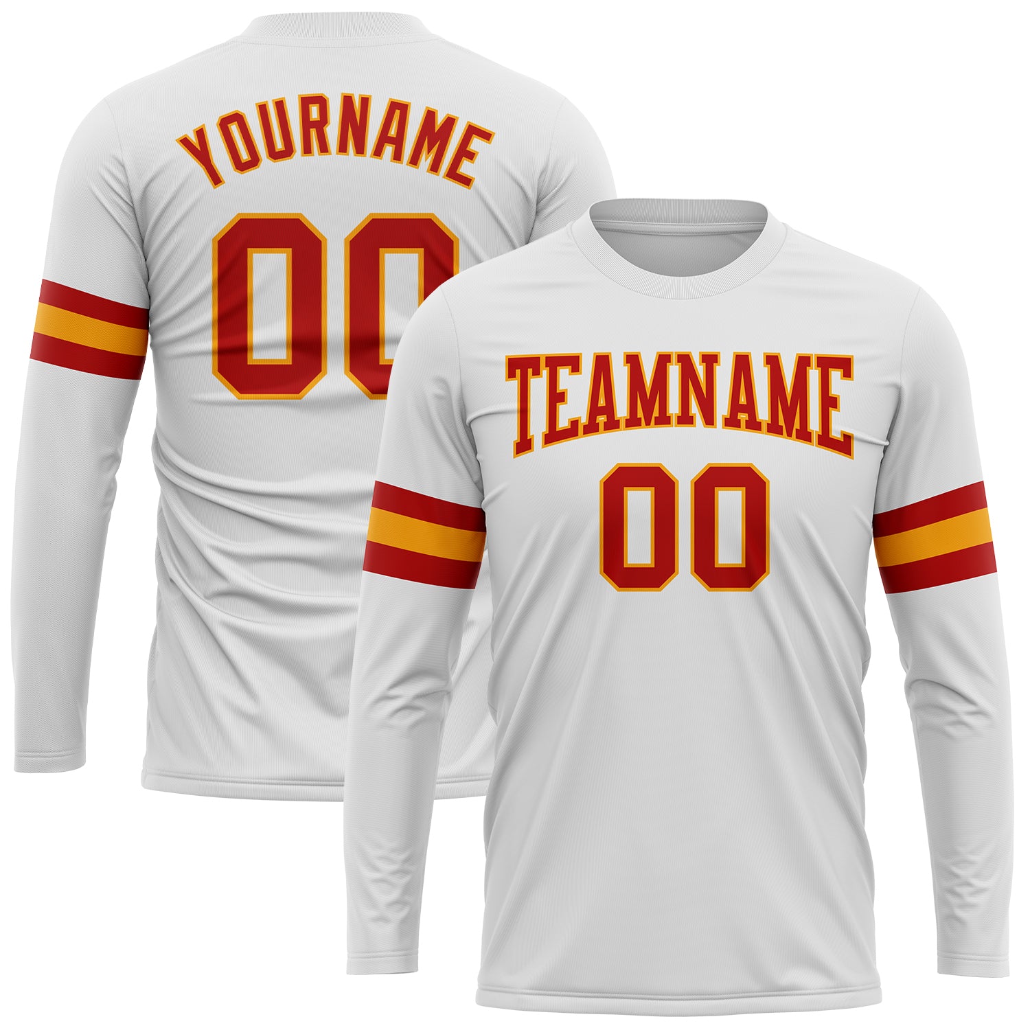 Custom Team Performance T-Shirt with Personalized Name & Number - White Red-Gold Long Sleeve Shirt Personalized White Red-Gold