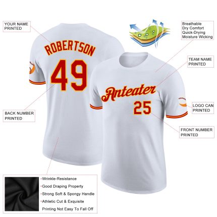 Custom Team Performance T-Shirt with Personalized Name & Number in White, Red, and Gold Personalized White Red-Gold Performance