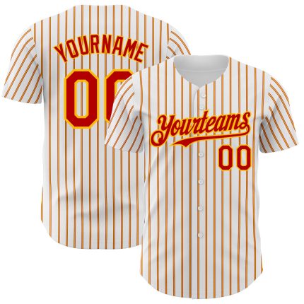 Custom Baseball Jersey with Personalized Name and Number, Red Gold Pinstripe Design, Authentic White Team Apparel Personalized